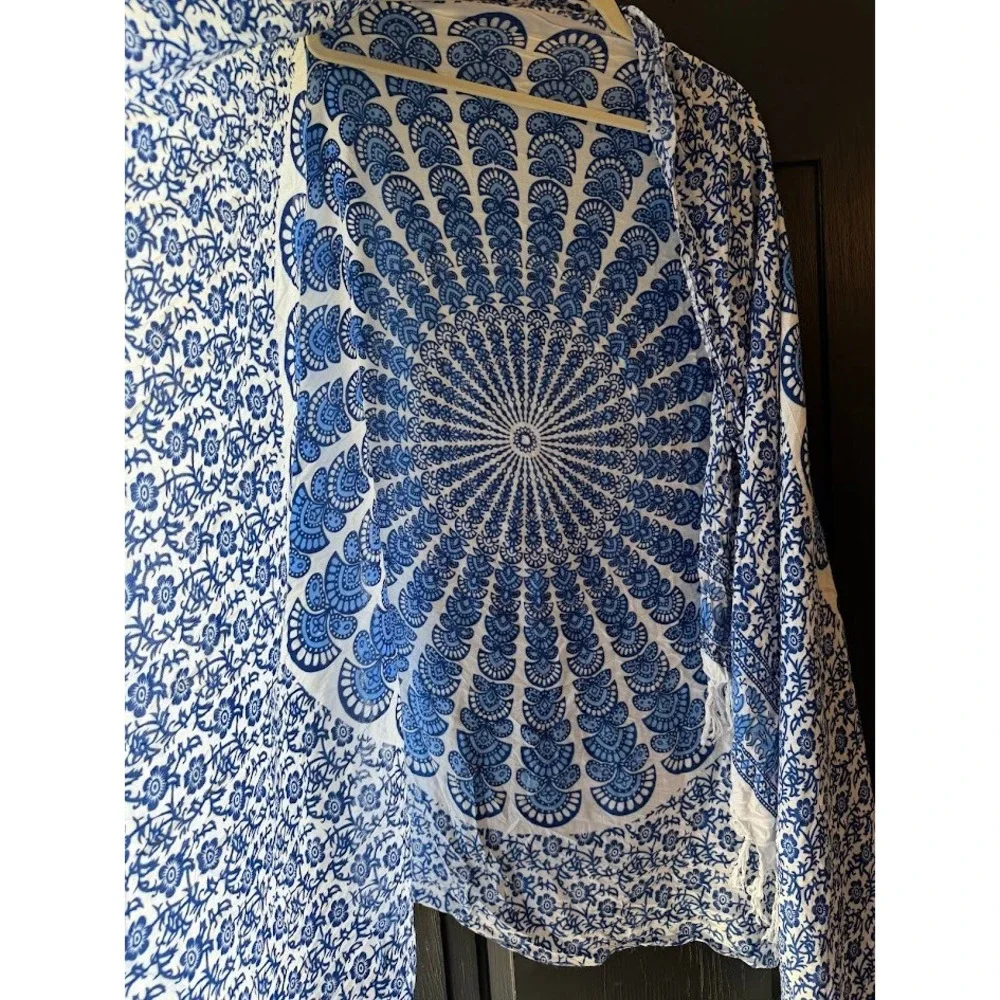 Blue White Mandala Elephant Print Sarong Wrap Beach Cover Up Fringe Tassel Shawl